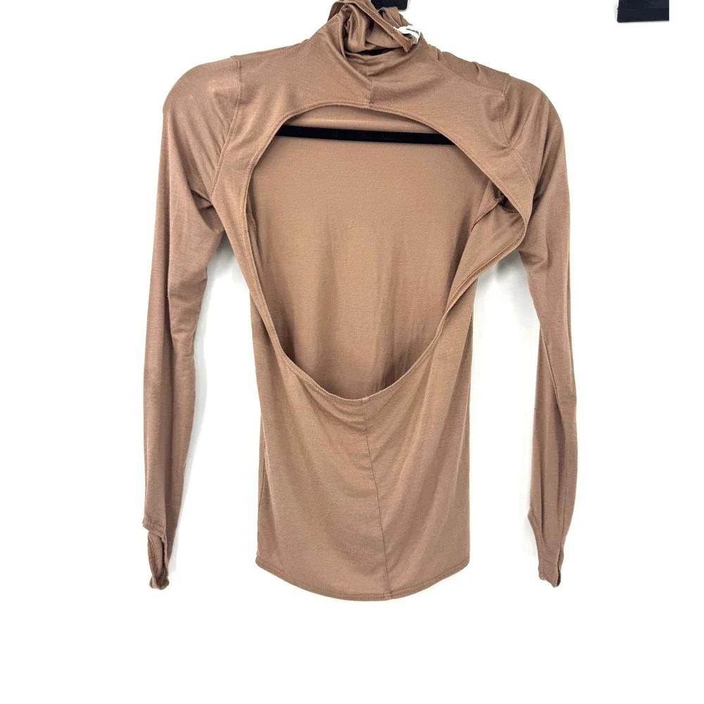 Joah Brown Mocha Brown Open Back Turtleneck Long Sleeve Top Thumbholes S/M - Picture 6 of 7
